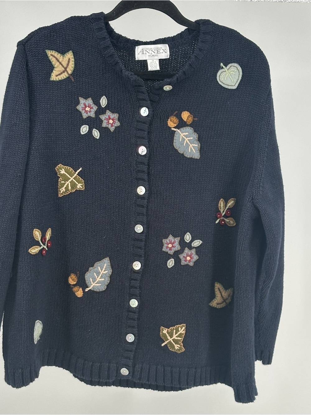Casual Corner Navy Embroidered Leaf Cardigan